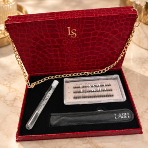 Lash Shack La Borsetta starter set in Christmas Berry Red – open, showing the contents