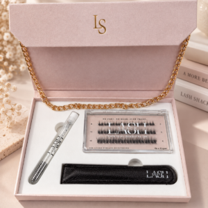 Lash Shack La Borsetta starter set in Pink Blush Suede – open, showing the contents